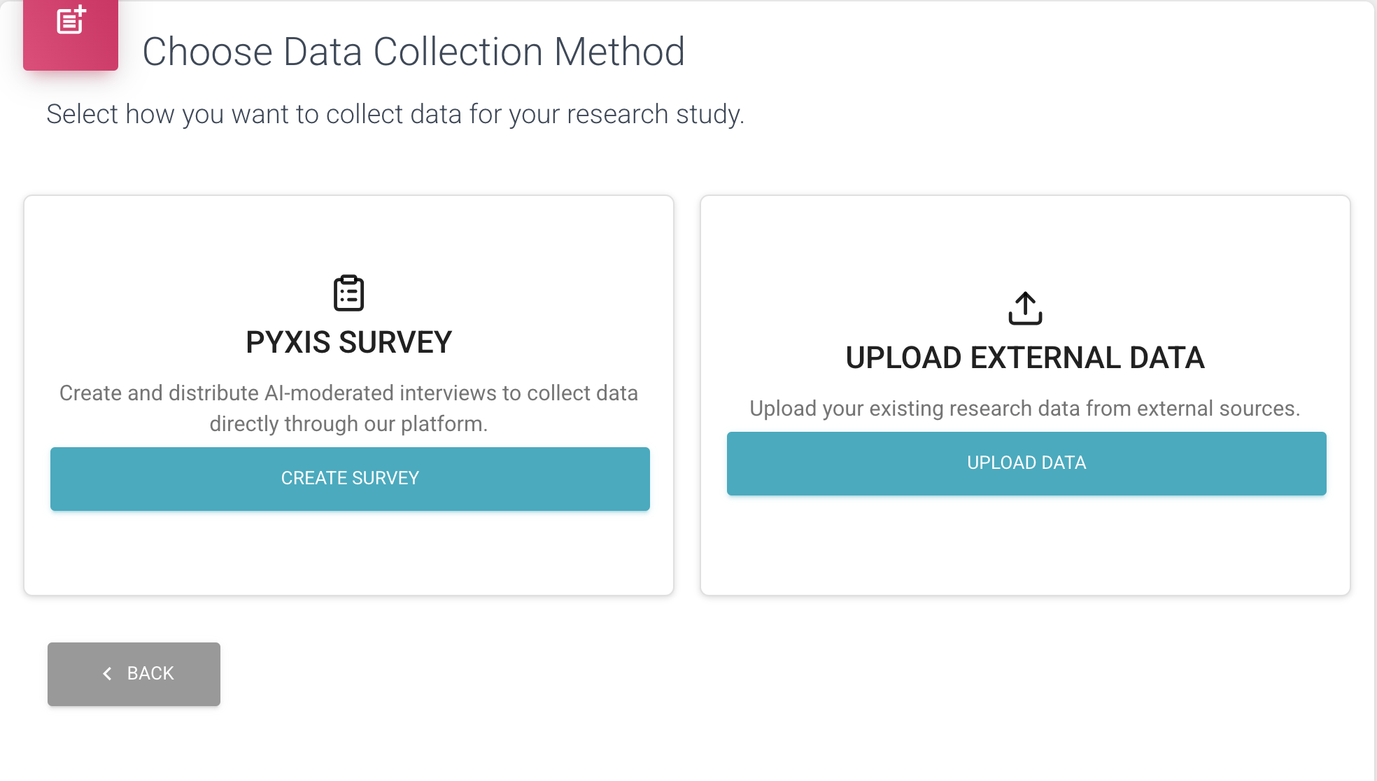 Data collection interface showing survey creation and external data upload options