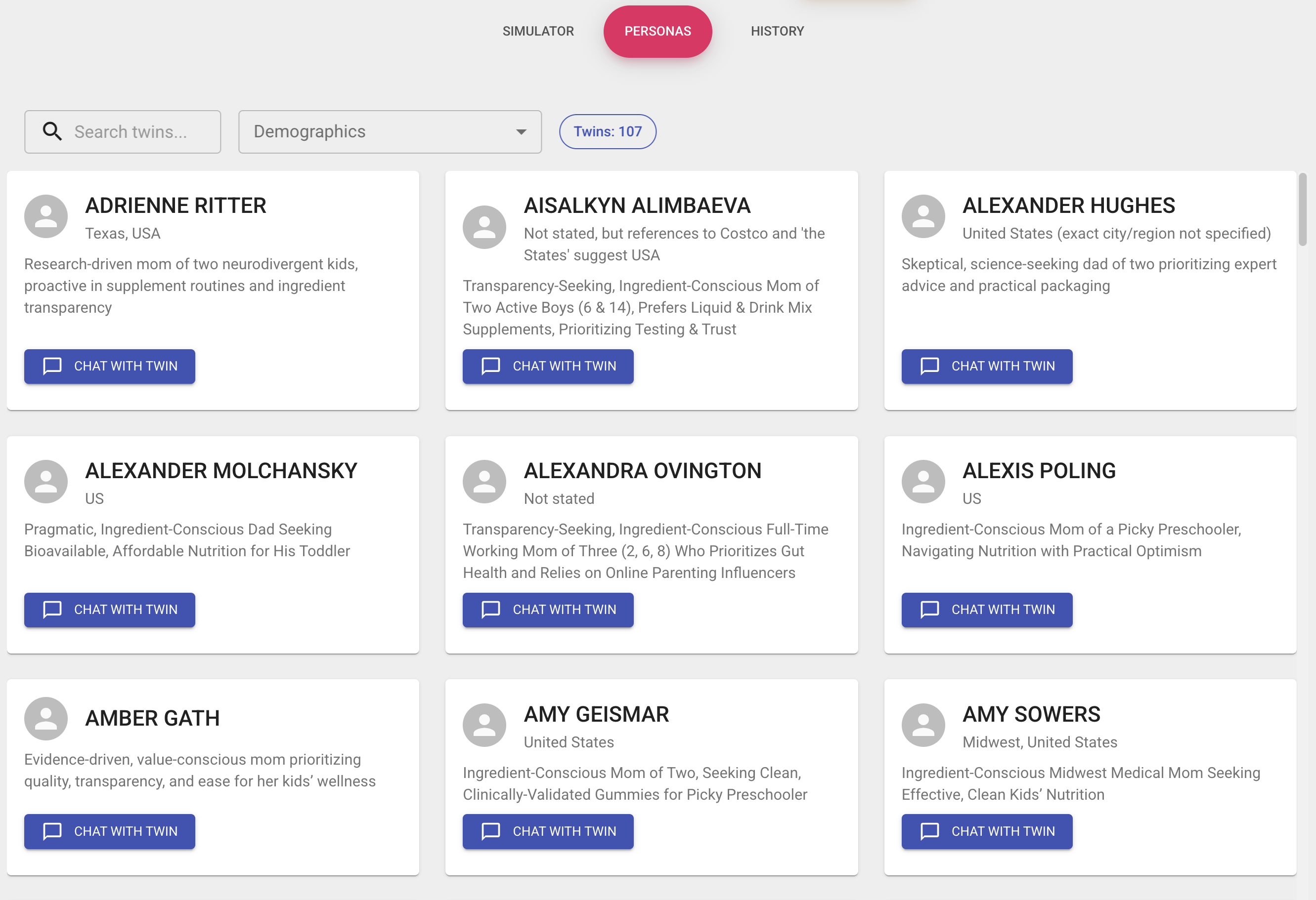 Digital twins interface showing customer personas with chat capabilities